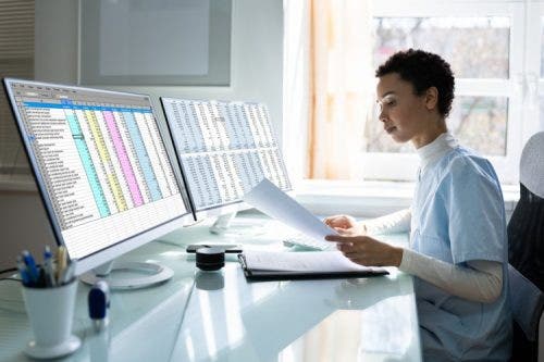 A nursing informaticist reviews patient data on a computer screen.